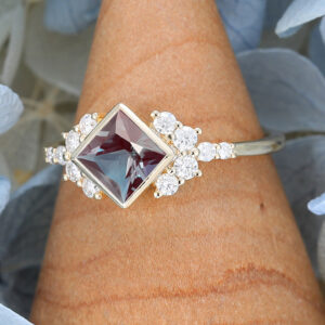 Princess Cut Lab Alexandrite Engagement Ring Yellow Gold Unique Diamond Cluster Vintage Bridal Promise Anniversary2