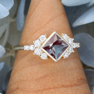 Princess Cut Lab Alexandrite Engagement Ring Yellow Gold Unique Diamond Cluster Vintage Bridal Promise Anniversary3