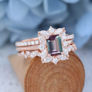 Rose Gold Emerald Cut Lab Alexandrite Eneagement Ring Set