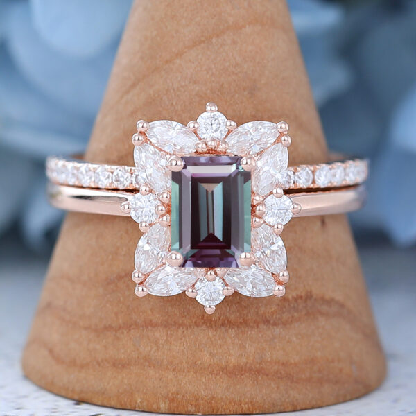 Emerald cut Lab Alexandrite engagement ring set rose gold Unique simple ring set Cluster engagement ring vintage Bridal Anniversary Dainty ring