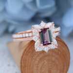 Emerald Cut Lab Alexandrite Engagement Ring Set Rose Gold Unique Simple Ring Set