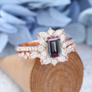 Rose Gold Emerald Cut Lab Alexandrite Eneagement Ring Set1