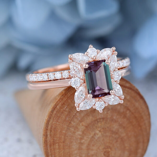 Emerald Cut Lab Alexandrite Engagement Ring Set Rose Gold Unique Simple Ring Set