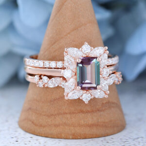 Rose Gold Emerald Cut Lab Alexandrite Eneagement Ring Set2
