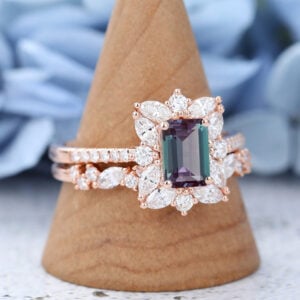 Rose Gold Emerald Cut Lab Alexandrite Eneagement Ring Set2
