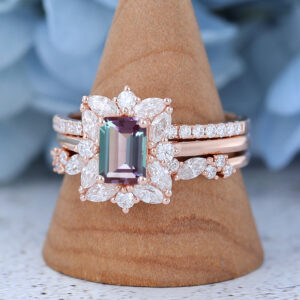 Rose Gold Emerald Cut Lab Alexandrite Eneagement Ring Set3