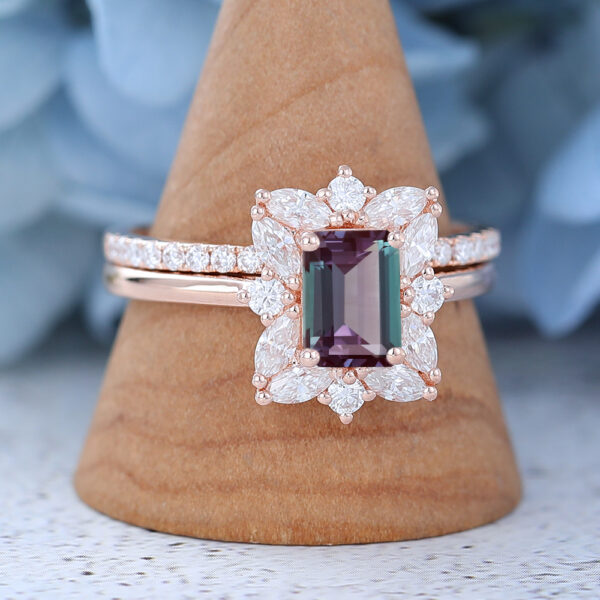 Emerald Cut Lab Alexandrite Engagement Ring Set Rose Gold Unique Simple Ring Set