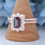 Emerald Cut Lab Alexandrite Engagement Ring Set Rose Gold Unique Simple Ring Set