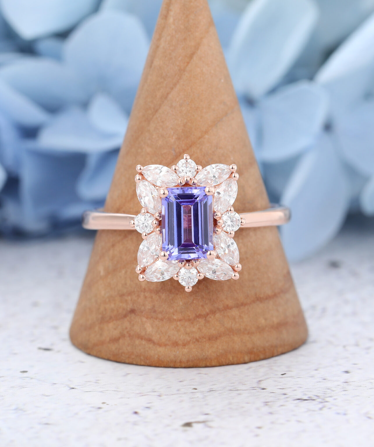 Emerald Cut Tanzanite Engagement Ring Vintage Rose Gold AmandaFineJewelry