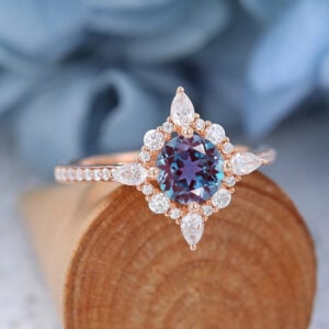 Rose Gold Halo Round Lab Alexandrite Engagement Ring