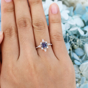 Unique Lab Halo Rose Gold Bridal Alexandrite Promise Ring