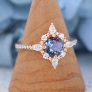 Rose Gold Halo Round Lab Alexandrite Engagement Ring3