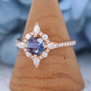 Rose Gold Halo Round Lab Alexandrite Engagement Ring4