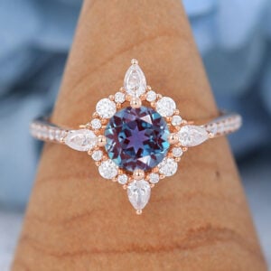Unique Lab Alexandrite engagement ring vintage rose gold ring women Diamond halo ring pear shaped wedding ring Bridal Promise gift for her