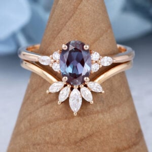 Vintage Rose Gold Oval Cut Alexandrite Wedding Ring Set
