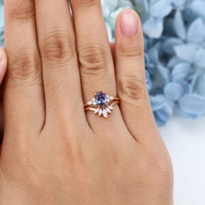 Vintage Rose Gold Oval Cut Alexandrite Wedding Ring Set