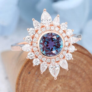 Rose Gold Lab Alexandrite Halo Flower Engagement Ring1