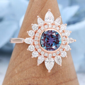 Rose Gold Lab Alexandrite Halo Flower Engagement Ring22