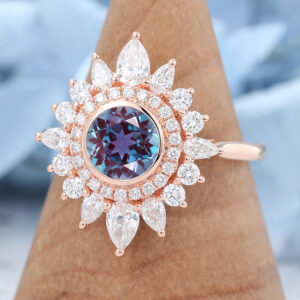 Rose Gold Lab Alexandrite Halo Flower Engagement Ring3