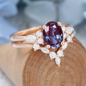 Rose Gold Oval Cut Lab Alexandrite Eneagement Ring Set
