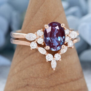 Rose Gold Oval Cut Lab Alexandrite Eneagement Ring Set2
