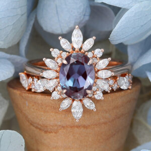 Rose Gold Oval Cut Lab Alexandrite Eneagement Ring Set2