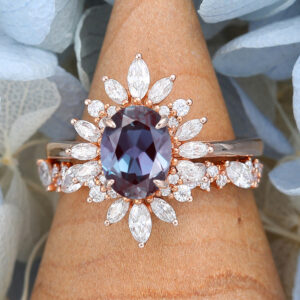 Rose Gold Oval Cut Lab Alexandrite Eneagement Ring Set4