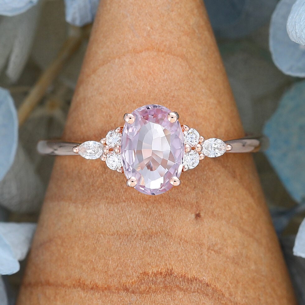 Oval cut pink Sapphire engagement ring vintage rose gold engagement ring Marquise cut Diamond cluster ring Bridal Anniversary gift for her
