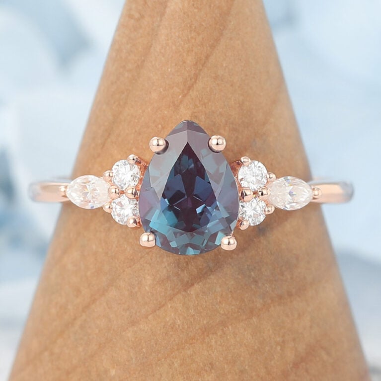 Rose Gold Pear Shaped Lab Alexandrite Engagement Ring