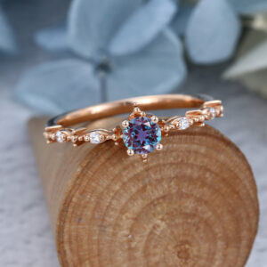 Rose Gold Round Cut Lab Alexandrite Engagement Ring