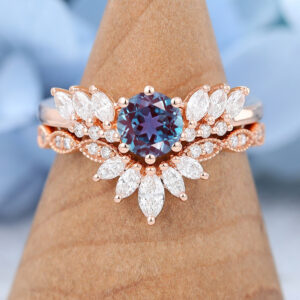Unique Delicate Rose Gold Alexandrite Engagement Ring Set