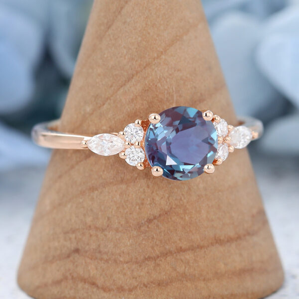Round Cut Alexandrite Engagement Ring Rose Gold Vintage Cluster Bridal Ring