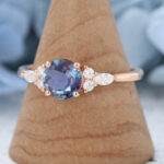 Round Cut Alexandrite Engagement Ring Rose Gold Vintage Cluster Bridal Ring