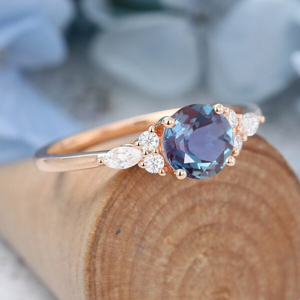 Round Cut Alexandrite Engagement Ring Rose Gold Vintage Cluster Bridal Ring