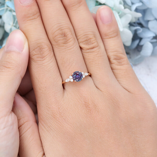 Round Cut Alexandrite Engagement Ring Rose Gold Vintage Cluster Bridal Ring