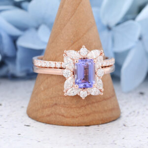 Rose Gold Tanzanite Emerald Cut Engagement Rings Set1