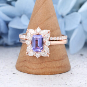 Rose Gold Tanzanite Emerald Cut Engagement Rings Set3