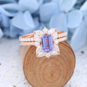 Rose Gold Tanzanite Emerald Cut Engagement Rings Set4