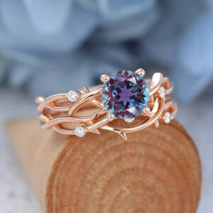 Round Cut Lab Alexandrite Rose Gold Engagement Ring Set2