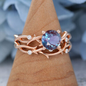 Round Cut Lab Alexandrite Rose Gold Engagement Ring Set3