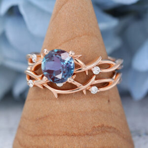 Round Cut Lab Alexandrite Rose Gold Engagement Ring Set4