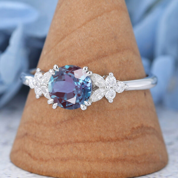 Round Cut Lab Alexandrite White Gold Engagement Ring