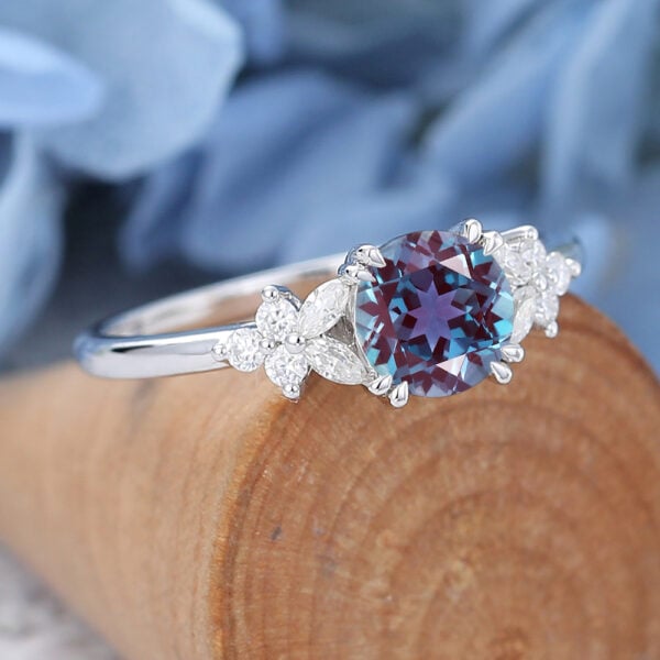 Round Cut Lab Alexandrite White Gold Engagement Ring1