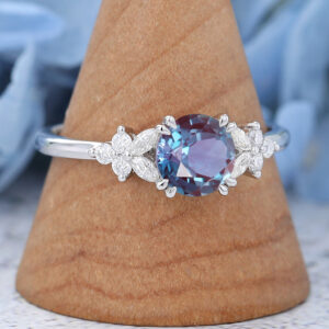 Round Cut Lab Alexandrite White Gold Engagement Ring3