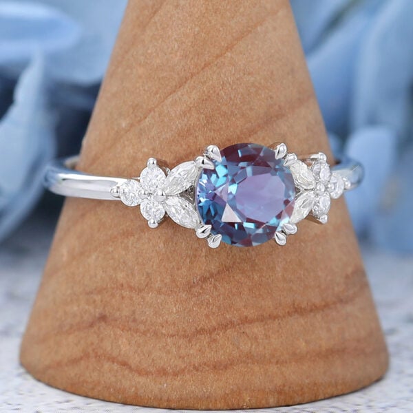 Round Cut Lab Alexandrite White Gold Engagement Ring3