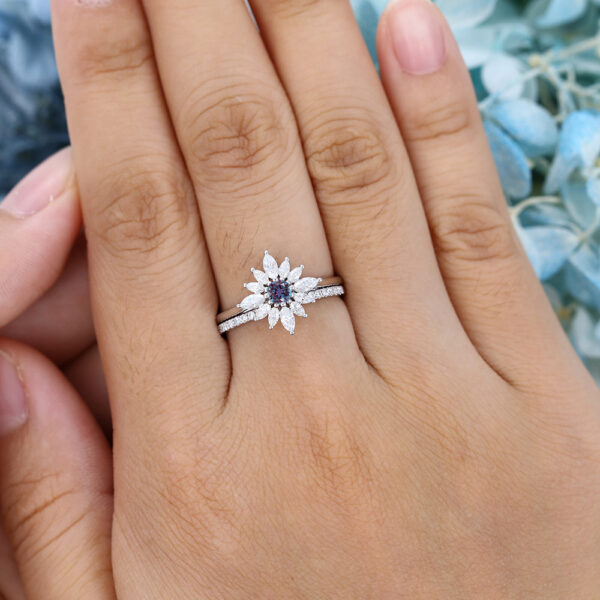 Vintage White Gold Halo Alexandrite Engagement Ring Set
