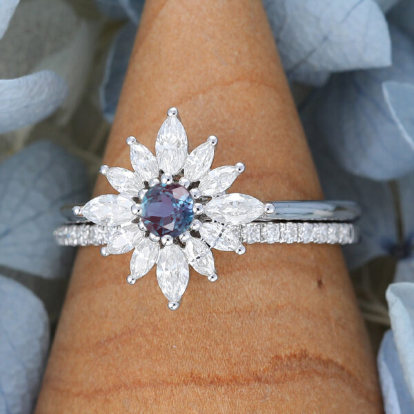 Vintage White Gold Halo Alexandrite Engagement Ring Set