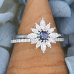 Vintage White Gold Halo Alexandrite Engagement Ring Set