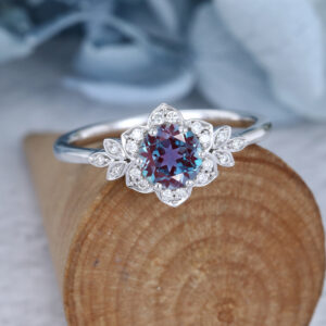 Vintage Lab Alexandrite Cluster Ring White Gold Engagement Ring Unique Flower Bridal Anniversary Gift Promise Ring