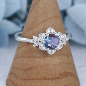 Vintage Lab Alexandrite Cluster Ring White Gold Engagement Ring Unique Flower Bridal Anniversary Gift Promise Ring1